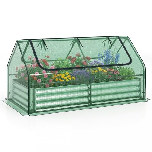 TANGZON Raised Garden Bed with Greenhouse, Galvanised Steel Planter Box Kit with PVC/PE Cover & 2 Roll-Up Windows, Outdoor Vegetable Herb Flower Container Grow Box (Green PE Cover, 183 x 91 x 94cm)