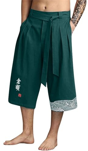 Pantalón de Kimono Tradicional Japonés, Lino Pantalones Cortos Hombre Verano Casual Moda, Ropa Asiática, Pantalones de Baño Playa, Capris Pants Estilo Japonés para Trabajo Running Correr Playa