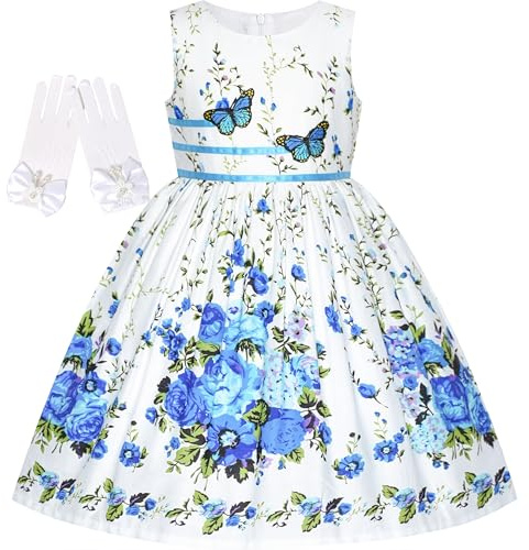 Sunny Fashion Girls Dress Sleeveless Rose Floral Butterfly Garden Party Sundress Cotton Blue Age 7-8 Years