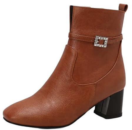 Mo Joc Stivaletti da donna con tacco a blocco, tacco da 5,5 cm, altezza gambale 14 cm, pizzo quadrato, chiusura lampo laterale, suola antiscivolo, marrone, 34 EU
