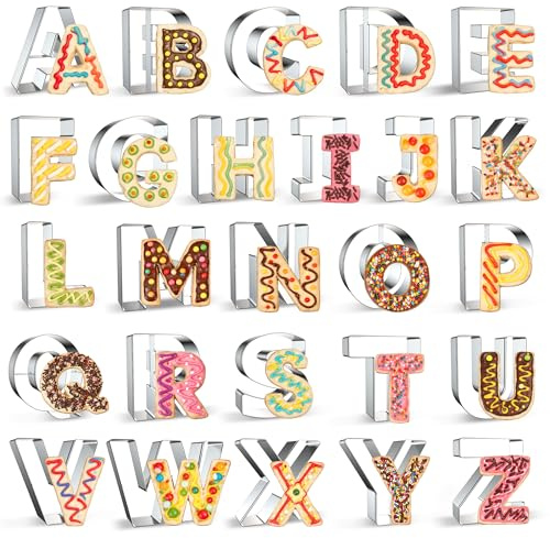 GeekLeaf 26PCS Alphabet Letters Cookie Cutters Set, DIY Alphabet Cake&Cookie, Stainless Steel Cookie Cutters for Baking, Letters Shaped Baking Tool for Homemaking Biscuits, Cookie, Dough