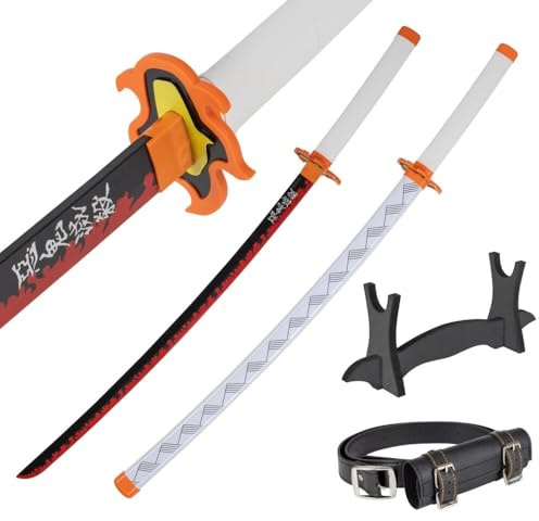 Katana i Trä 77 cm med Bälte och Ställ - Daemon Slayer Dekorativt Japanskt Svärd för Anime Cosplay, Maskerad och Rollspel - Wakizashi Träsvärd - Kort Samurajsvärd i Bambuträ (Ej Vasst)