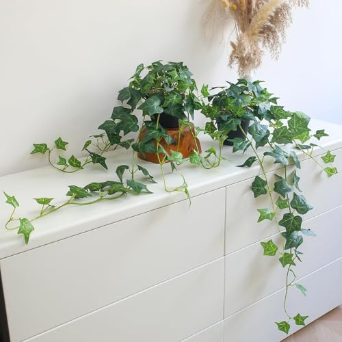 Fake English Ivy Plants in Pots Set of 2 – Realistic Artificial Ivy Greenery for Home Decor, Tabletop, Office, Shelf, Balcony, Lifelike Faux Hanging Vines, No Maintenance Required (English Ivy Green)