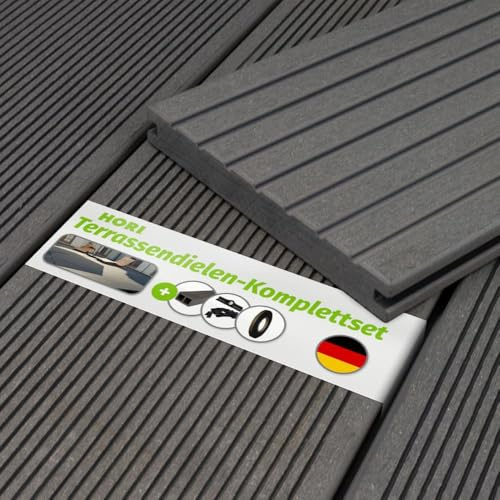 HORI WPC Terrassendielen Grau Massivdiele, Komplettset inkl. 40x60 mm Unterkonstruktion & Clips, Rutschfest & UV-beständig für langlebige WPC-Terrasse Fläche: 5 m² - 2,90 m Dielenlänge