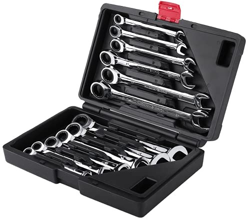 Greensen Jeu de Clés Mixtes à Cliquet, 12 Pièces, 8-19mm, Clé Plate à Cliquet, Boîte à Outils Incluse