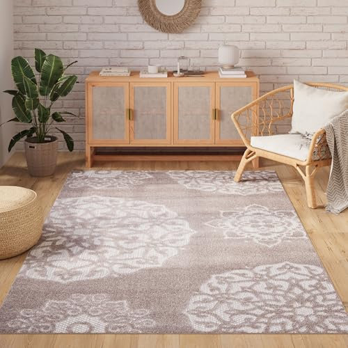 TAPISO Patio Teppich Outdoor Indoor Beige Grau Blumen Ornament Sisaloptik Strapazierfähig Wasserfest Wetterfest Küche Wohnzimmer ÖKO-TEX 80 x 150 cm