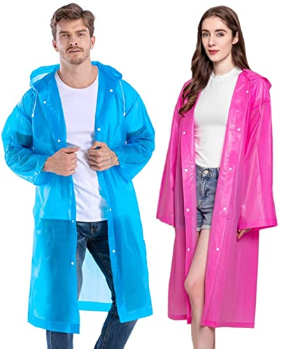 YUNLOVXEE Rain Ponchos for Adults Reusable, 2 Pack Raincoat for Women Men, Waterproof Rain Coat Gear with Hood Drawstring (US, Alpha, One Size, Regular, Regular, Pink+Blue)