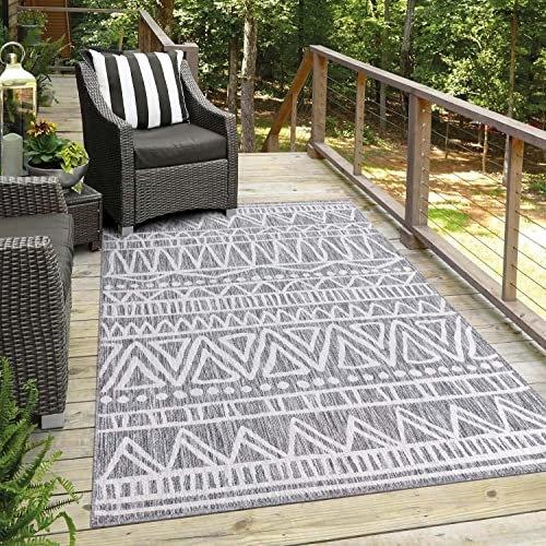 carpet city Teppich Outdoor Wetterfest - Grau - 240x340 cm - Ethno-Look - Balkon Teppich Wasserabweisend - In-& Outdoor Teppiche für Terrasse, Garten, Küche, Bad oder Wohnzimmer
