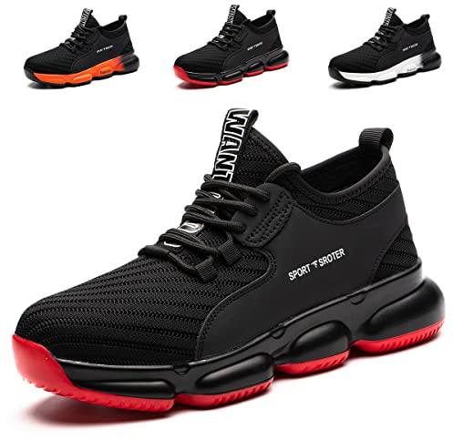 Xleeyt Men's and Women's Steel Toe Safety Sneakers - Lightweight Non-Slip Safety Shoes - Industrial Safety Shoes, Black/Red, 40 2/3 EU