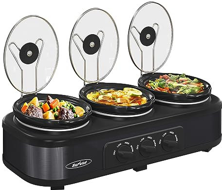 Sunvivi Servidores y calentador de bufé de triple olla de cocción lenta, 3 ollas, pequeña olla de cocción lenta manual con temperatura ajustable, reposapiés de tapa de acero inoxidable, olla de