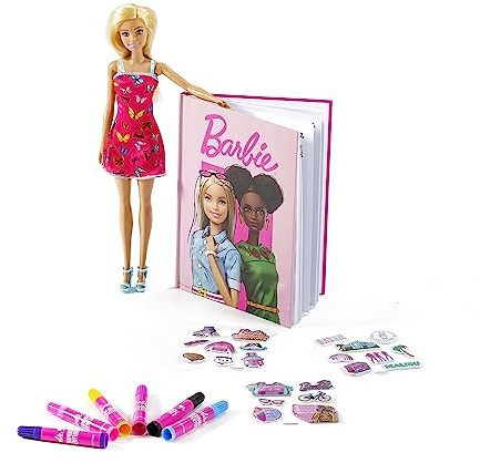 ODS - Barbie Trendy Style 2 in 1 Set mit Tagebuch und Puppe Barbie Trendy inklusive, Spiral-Tagebuch mit Zeichnungen, Filzstiften und Stickern, Altersempfehlung +3 Jahre