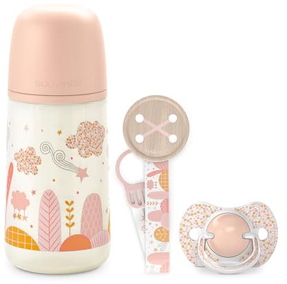 Suavinex, Pack Bebé Recién Nacido, Regalo Bebé con: Biberón Anticólico 270 ml de Flujo Medio (M) + Chupete 0/6 Meses + Chupetero de Tela. Para Bebés 0/6 Meses. Tetinas Sx Pro de Silicona, Dreams Rosa