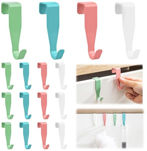 Encuryna 16 Stück Türhaken aus Edelstahl, Bunte Türhaken Haken, Kleider Haken 4 Farben, Garderobenhaken für Schranktür und Zimmertür außen, Haus Türhaken zum Einhängen für Küche, Badezimmer