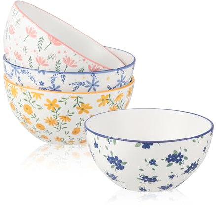 Müslischalen Set Keramik Suppenschalen Porzellan - Schalen Bunt mit Blüten Muster - Müslischale Groß - Suppenschale Tief - 4er Schüssel Set fur Frühstück | Müsli | Salat | Suppe | Cornflakes - 700 ml