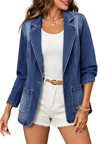 ebossy Klassischer Jeans-Blazer für Damen, mit Revers, EIN-Knopf-Langarm, schmale Büro-Jeansjacke, Blau, M