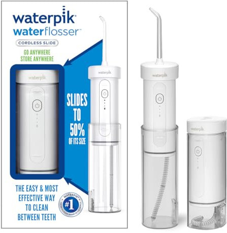 Waterpik Cordless Slide Water Flosser, Electric Dental Flosser, Rechargeable Dental Plaque Removal Tool, Clean Between Teeth, Oral Irrigator, Ideal for Travel or Small Bathrooms, White, WF-16