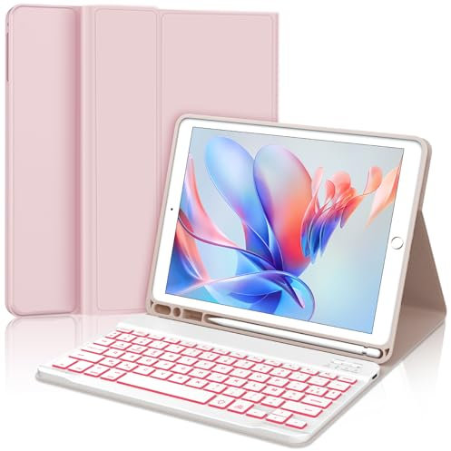 WINCHKING Tangentbord för iPad 9th - Tangentbord fodral för iPad 10,2 tum (9:e 2021/8:e 2020/7:e 2019), bakgrundsbelysning med 7 färger, azerty, (rosa)