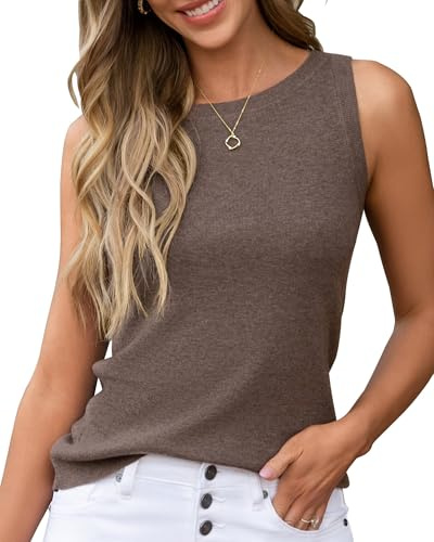 Arach&Cloz 2026 Womens Cashmere Tank Tops Summer Fall Sleeveless Vest Crew Neck Soft Sweater Cute Fashion Dressy Business Casual Outfits Knit Trendy Work Teacher Clothes Coffee Brown XL