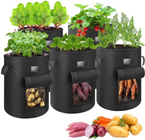 XUNIVERS Bolsa de Cultivo,5 Piezas Bolsas de Cultivo Plantas,43L Bolsas de Cultivo de Papa Reutilizable Saco para Plantas para Cultivar Hortalizas,Flores, Zanahoria,Fresas,Tomate