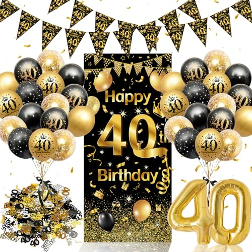 Déco d'anniversaire 40 ans Noir et Or Kit complet homme et femme