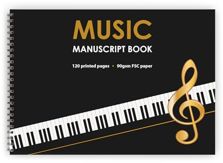 The Worcestershire Stationery Company A4 (landscape) Blank Music manuscript book, 8 staves per page. 120 pages, 90gsm FSC paper. Wiro bound