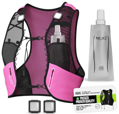 MUKZ LED Running Vest - Unisex, Adjustable, Lightweight and Breathable with Storage - Waterproof Phone Holder Reflective Running Backpack - Hydration Pack
