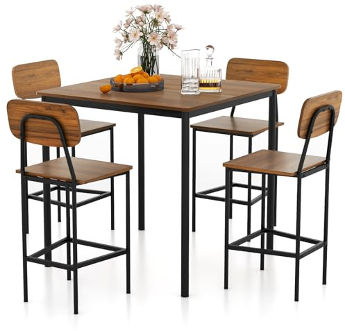 COSTWAY Matbord med 4 barstolar, köksbord i diskhöjd, metallram, matgrupp för 4 personer, barbordsset 5 delar, sittgrupp brun, för kök, matsal, restaurang (mörkbrun)