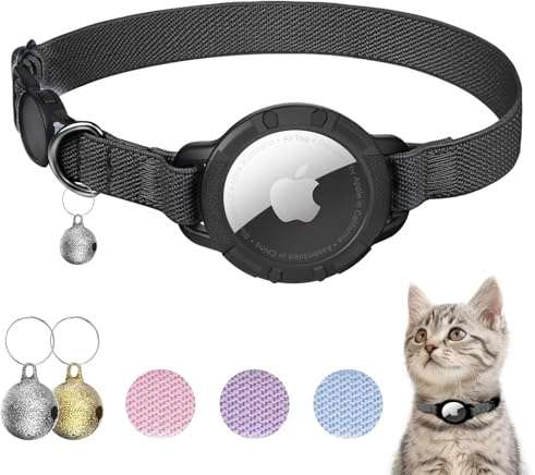 NozlaID AirTag Katzenhalsband, Dehnbares Halsband Katze mit Glocke, Katzen Tracker Halsband mit Apple Airtag Hülle, Langlebig und Passend für Kätzchen, Katzen und Welpen (Schwarz)