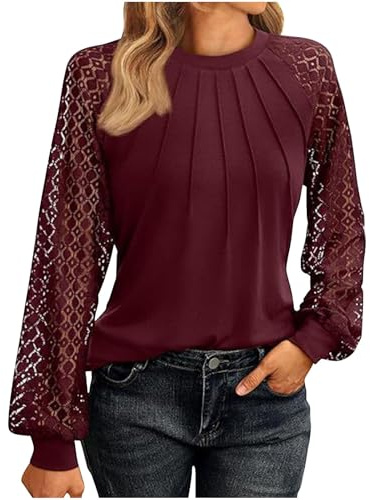 GMQWRK Maglione girocollo da donna elegante motivo traforato in pizzo a maniche lunghe pullover lavorato a maglia con pieghe anteriori autunnali casual camicia leggera da donna maglione scavato fuori