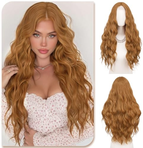 Sofeiyan Peluca Largos y Ondulados,70 cm Jengibre Dorado Pelucas para Mujer con Raya Central Natural y Pequeño Frente de Encaje,Resistente al Calor Sintética,para Diario Fiesta cosplay