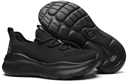 HUITENG Men Black Mesh Slip-On Trainers, Lightweight Comfy Sports Sneakers, Suitable for Running, Walking, Gym, Tennis
