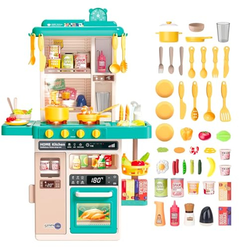 BRICOZONE Cucina Giocattolo Per Bambini Con Luci E Suoni Rubinetto Con Riciclo Acqua Forno E Fornelli Apribili 50 Accessori Inclusi In Plastica ABS (Verde)