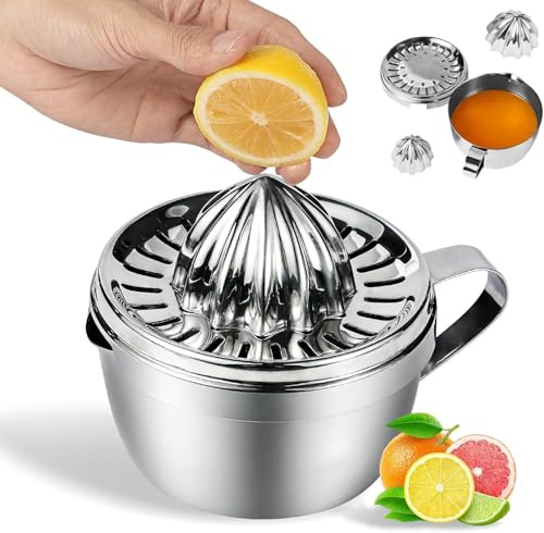 Exprimidor Manual Acero Inoxidable 304 con 500 ml Recipiente y 2 Cabezales - Exprimidor Limon Portátil, Lavable en Lavavajillas, Resistente al Óxido - Para Limón, Lima, Naranja, Pomelo y Cítricos