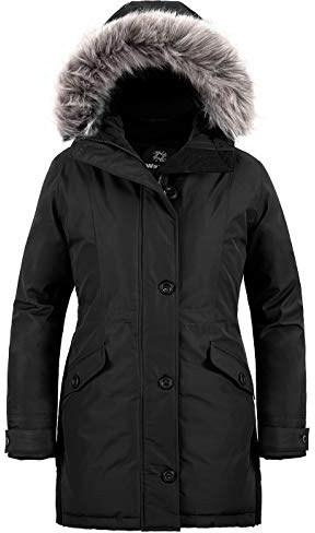 Wantdo Cappotto Caldo Lungo Invernale Parka con Cappuccio in Pelliccia Sintetica Antivento Giacca Slim Fit Idrorepellente Giubbotto Casual Outdoor Donna Nero M