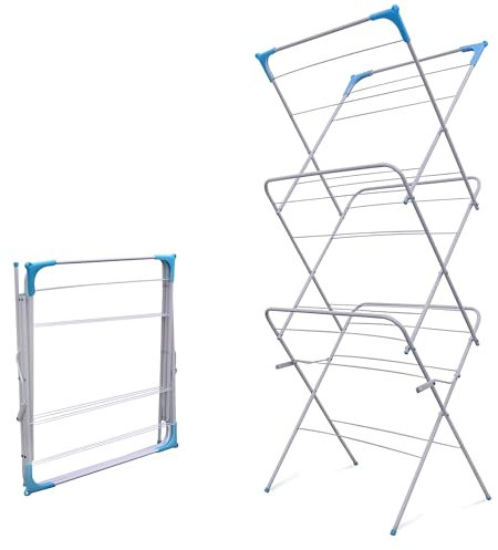 3 Tier Folding Clothes Airer, Foldable Clothes Horse, Clothes Rack for Indoor & Outdoor Use, Clothes Drying Rack, Clothes Airer Indoor, Flat Foldable Washing Line with Non-Slip Feet – Alloy Steel