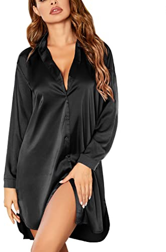Ekouaer Camisón de noche para mujer, de satén, corto, manga 3/4, con cuello en V profundo, ropa de dormir, tallas S-XXL