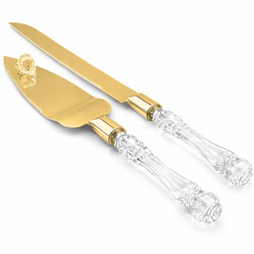Adorox Elegant Cake Knife and Server Set - Stainless Steel with Crystal Handle - Perfect for Weddings & Anniversaries,and Special Celebrations (Gold)