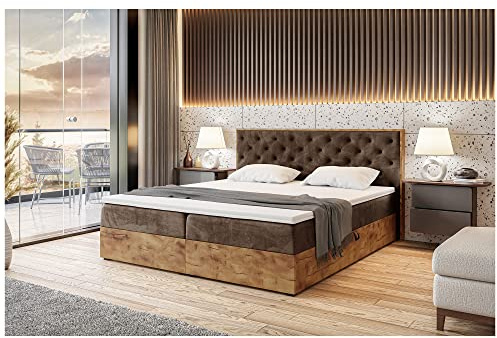 MEBLINI Boxspringbett mit Bettkasten - Gepolstert Doppelbett mit Matratze und Topper - Polsterbett mit Stauraum - Bett mit Kopfteil - Stauraumbett - Lofty 3-180x200 - H3/Braun Samt
