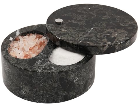 Radicaln Salière en marbre avec couvercle, 12,7 cm, noire, faite à la main, boîte à sel moderne en pierre, bocaux à épices et cave à sel à double compartiment pour le stockage de la cuisine.