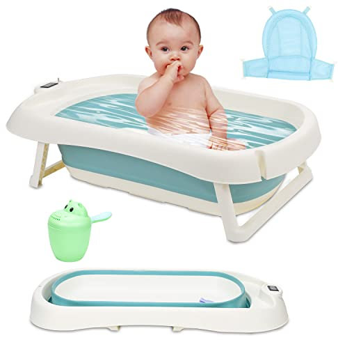 Ansobea 50L Baby Badewanne mit Anti Stütze und Echtzeit-Temperaturmessung, Faltbare Babywanne für Babys 0-6 Jahre, 83x46x21cm, Grün