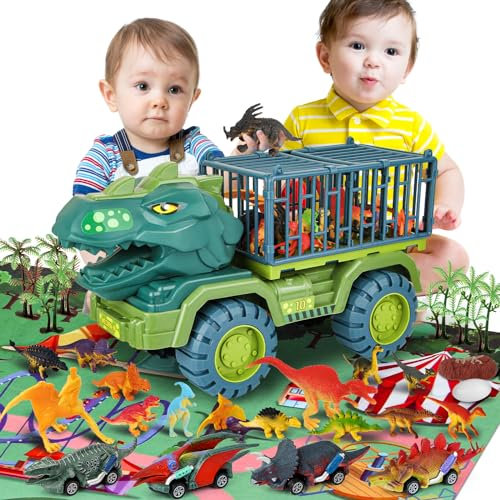 MewVeer Dinosaur Truck Spielzeug, Tyrannosaurus Transport Auto Transporter Truck mit 15 Dino Figuren, 4 Dinosaurier Panzern, Aktivitäts-Spielmatte, Dinosaurier Eiern, Dino Auto Spielset