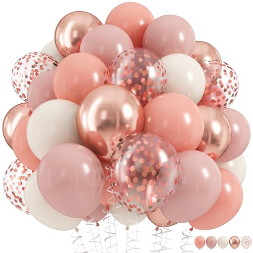 Dusty Pink Balloon Set, 60Pcs 12 Inch Retro Blush Pink White Sand Nude Latex Balloons with Metallic Confetti Rose Pink Helium Balloon for Girls Women Birthday Party Baby Shower Boho Decorations