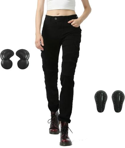 RCLONGEU Motorrad-Jeanshose für Damen, Sturzfeste Jeans mit Bein und 4 Arten von Schutzausrüstung, Motorradhose für Motorradrennfahrer (Schwarz,S)