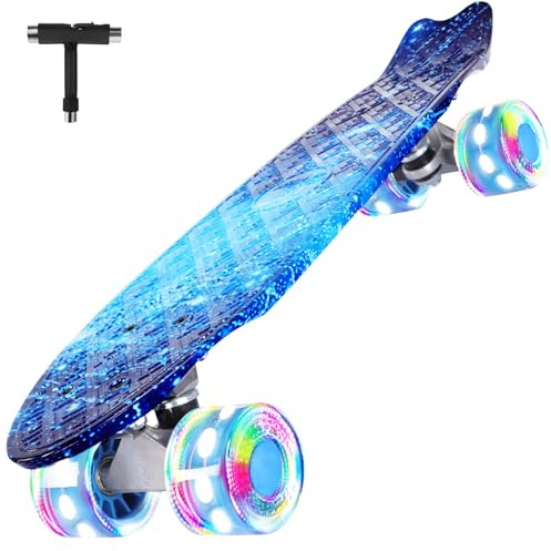 BELEEV Skateboard 22 inch Completo Mini Cruiser LED Skateboard per Bambini, Giovani e Adulti, Ruote con all-in-One Skate T-Tool per Principiante Skateboard 56cm
