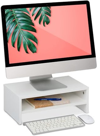 Relaxdays Monitorständer mit Fach, Bildschirmerhöhung für Schreibtisch, HBT: 14 x 40 x 23,5 cm, Bildschirmpodest, weiß