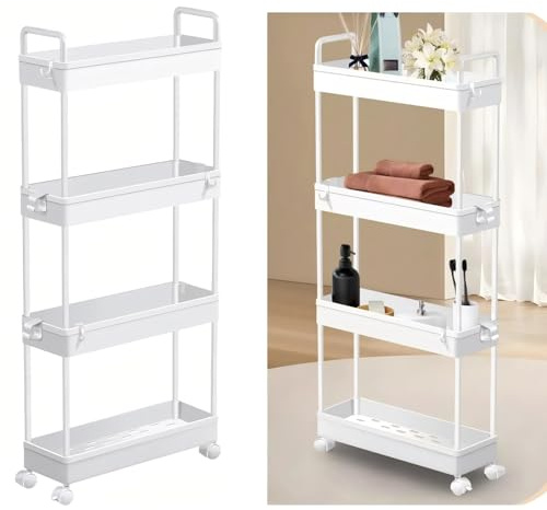 HSHa Storage Trolley 4-Tier Slim Storage Cart Slide Out Rolling Utility Organizer Cart Mobile Shelving Unit for Kitchen Bathroom Laundry Office, Plastic, White