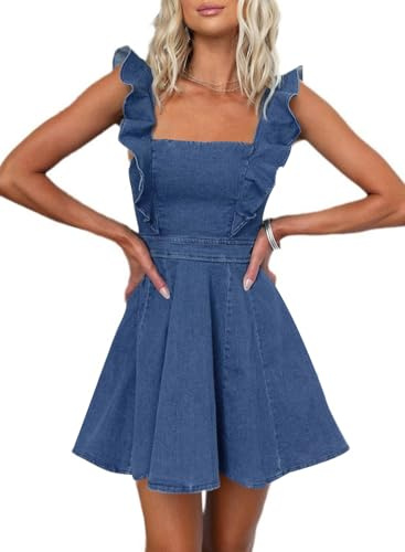 utcoco Denim Dress for Women Ruffle Adjustable Strap Sleeveless Backless Babydoll Mini Jean Dresses (Small, Dark Blue)