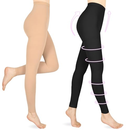 Wegitcs Compression Pantyhose for Women & Men, 2 Pairs Footless 20-30mmHg Medical Graduated Compression Leggings, Waist High Support Tights, Opaque Stockings for Varicose Veins Edema, Beige&Black M