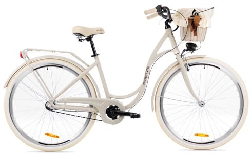Goetze Style 28 Zoll Damen Citybike, 18 Zoll Alu Rahmen, Tiefeinsteiger, 3-Gang Nabenschaltung, Rücktrittbremse, Gepäckträger, Komfortsattel, Schutzbleche, Rattankorb mit Stoffeinsatz, New Line!