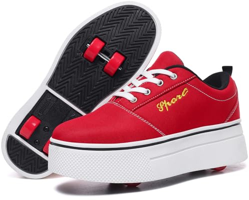 ANEFUN Chaussures à roulettes pour garçons et filles, amovibles, 4 roues, patins à roulettes, chaussures pour enfants, rouge/blanc, 35 EU